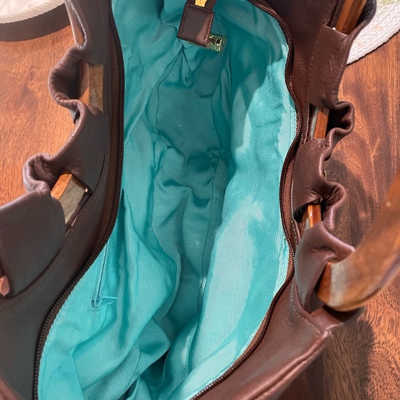 BaBee D Leather Whimsical Mushroom Embroidered Hand Bag Hobo with Wood Handles - Picture 4 of 8